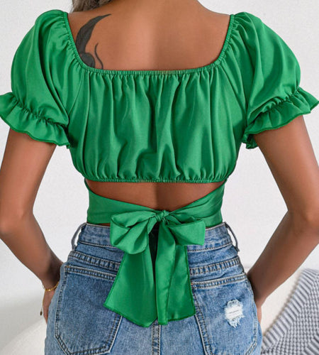 Square Neck Crisscross Flounce Sleeve Cropped Top - Idealic life