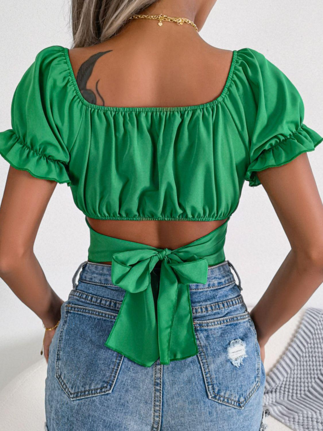 Square Neck Crisscross Flounce Sleeve Cropped Top - Idealic life