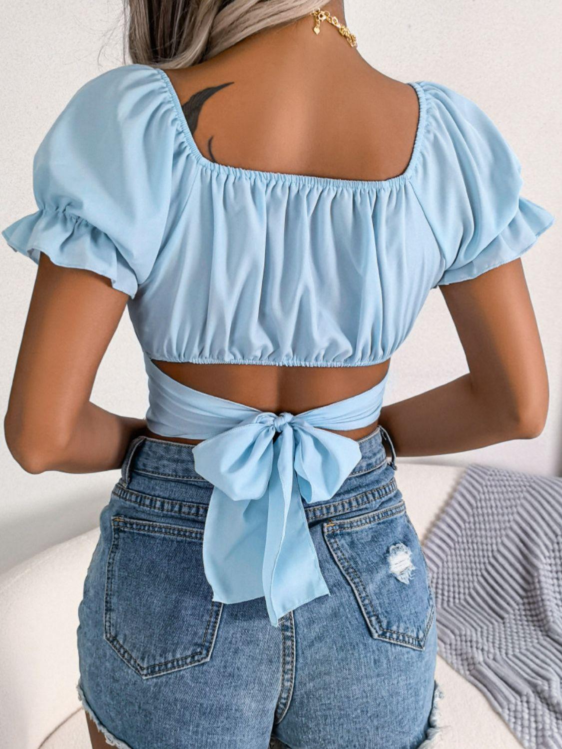 Square Neck Crisscross Flounce Sleeve Cropped Top - Idealic life