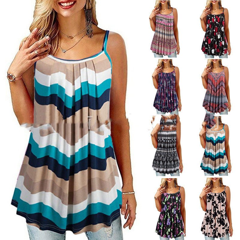 Women's Printed Pleated Wide Hem Loose Camisole - Idealic life